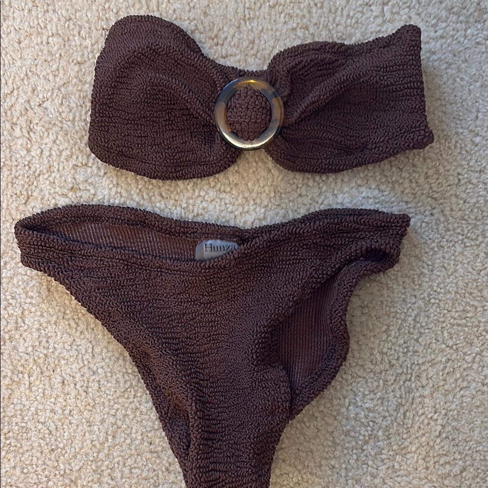 Hunza G Brown Textured Bandeau Bikini with Silver Ring Accent